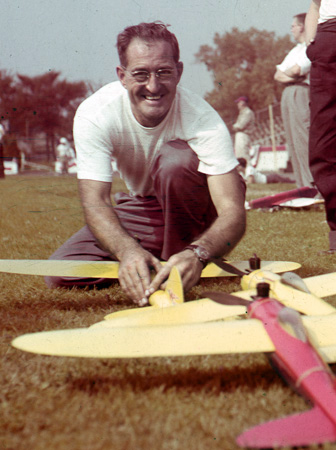 Jim Walker with 3 of his U-Control American Junior Fireballs in 1948, Eastmoreland Park, Portland, Oregon